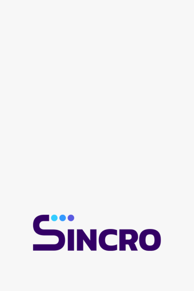 Logo de la société Sincro avec le nom en lettres violettes et trois points bleus au-dessus.