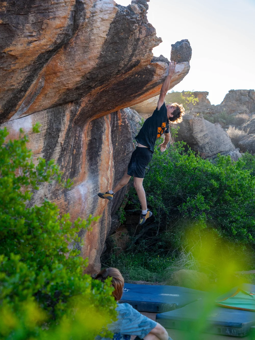 An athlete high on a sandstone boulder above the trees