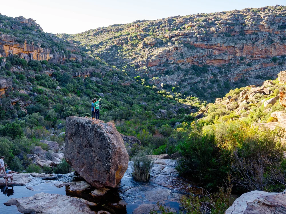 Two athletes on a boulder in a green river gorge in the Cederberg