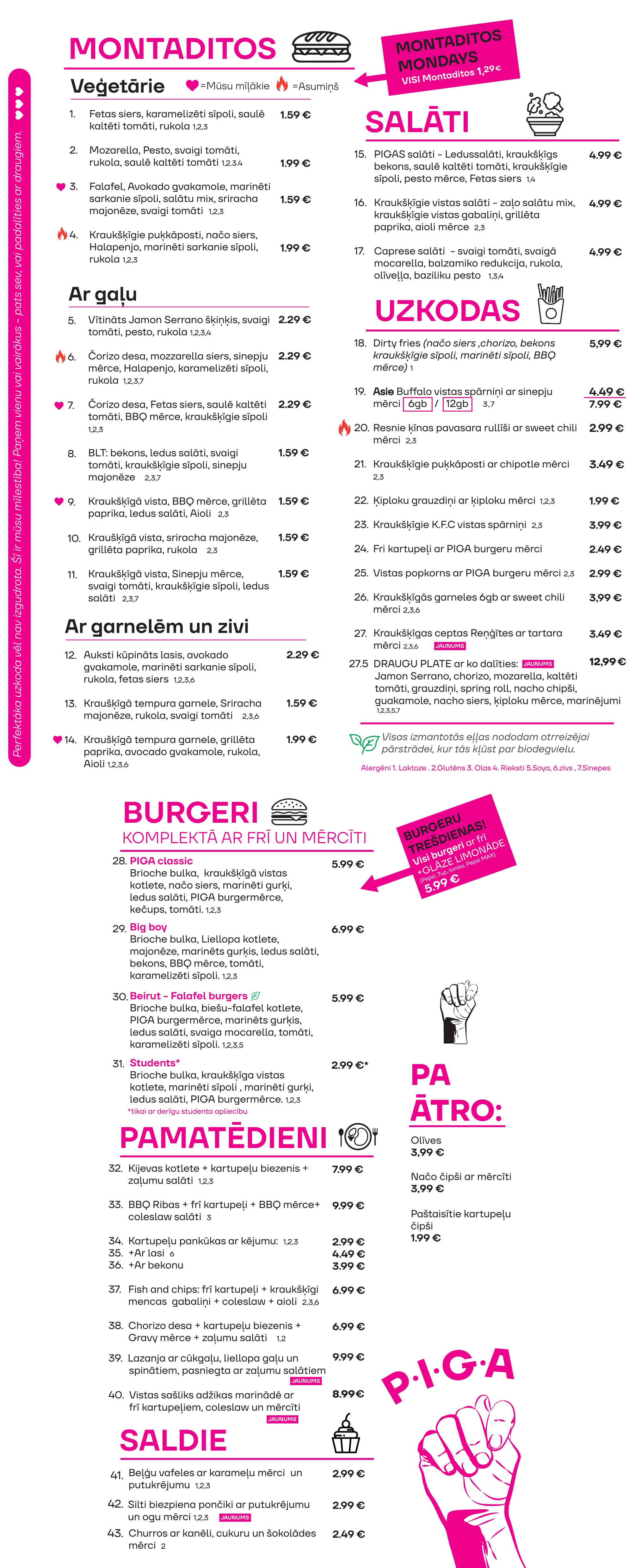 Menu of a restaurant / bar, pub / gastropub. Food service with sections for vegetarian, salads, main dishes, burgers, salads, snacks and desserts, with everyday low prices. Riga, Latvia.
