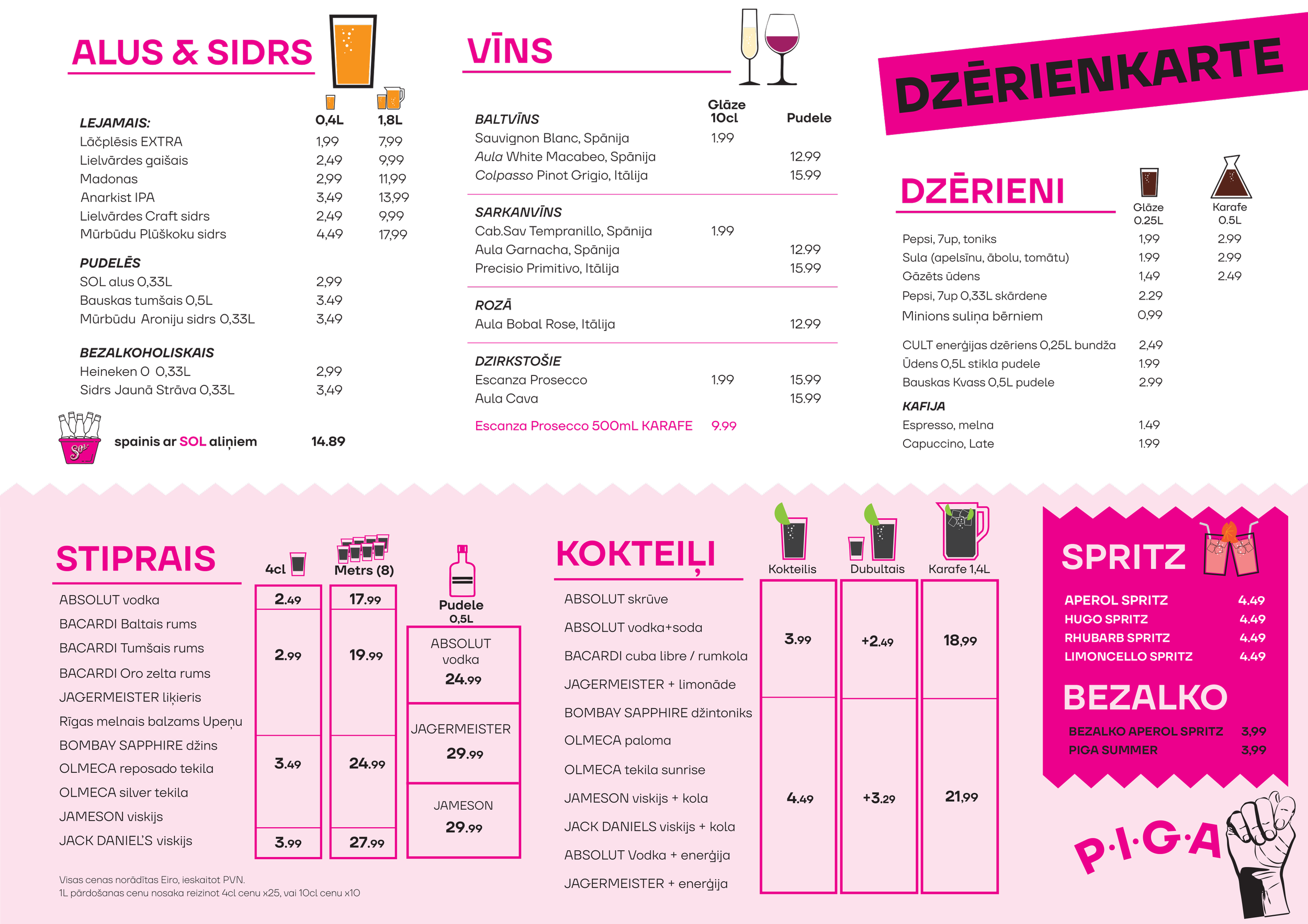 Food and drink menu featuring alcohol, wine, spirits, cocktails, and non-alcoholic beverages, with pink and black design elements. Riga, Latvia, Latvija, bar, pub, nightlife, everyday low price.