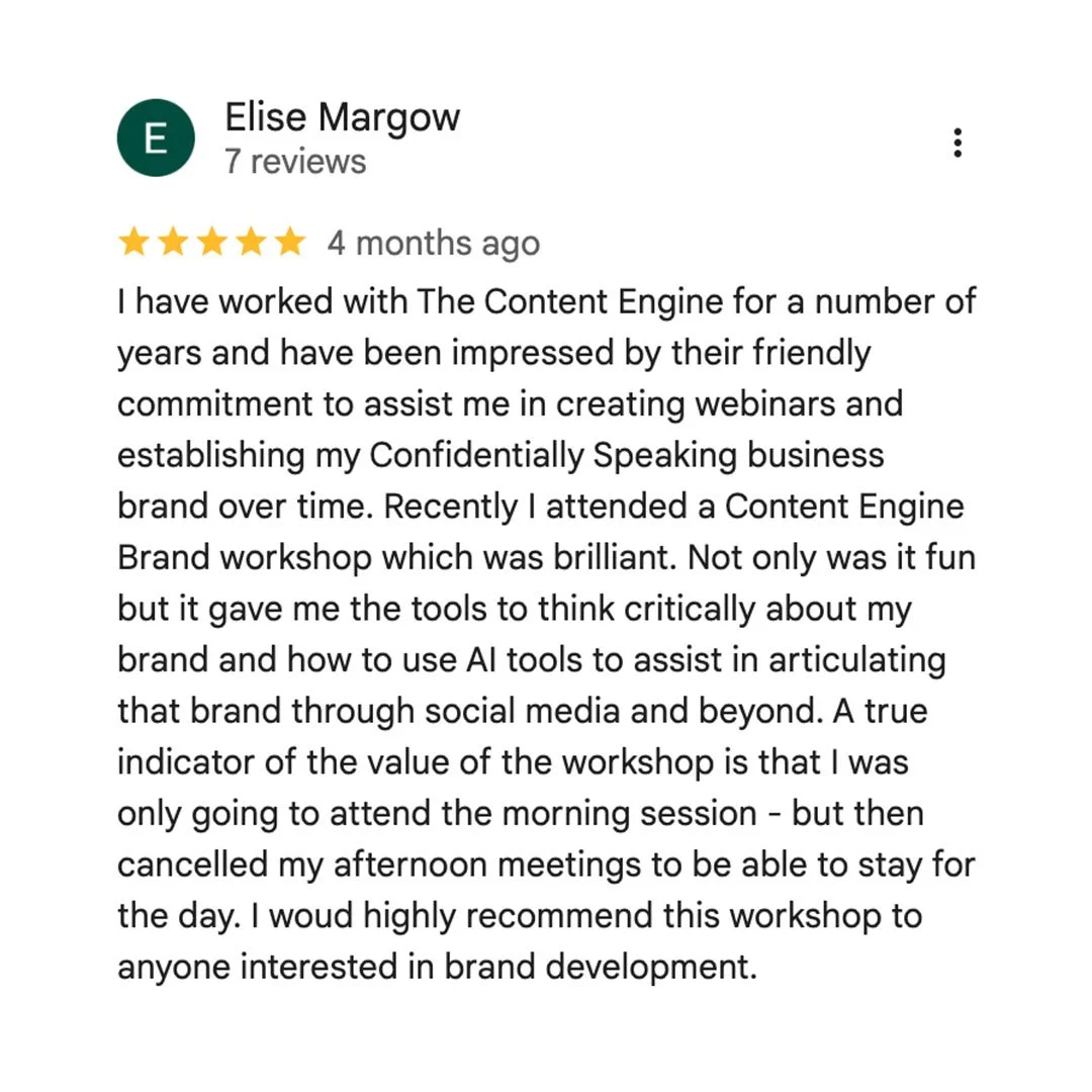 Customer review for The Content Engine, featuring five gold stars and a positive testimonial about attending a Content Engine workshop, creating webinars, and brand development.