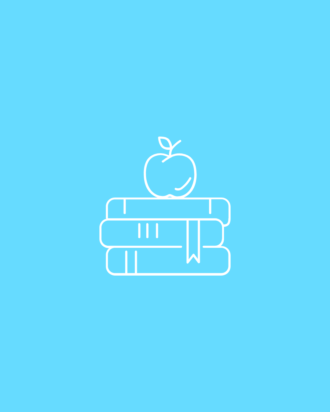 Outline drawing of a stack of three books with an apple on top, on a light blue background.