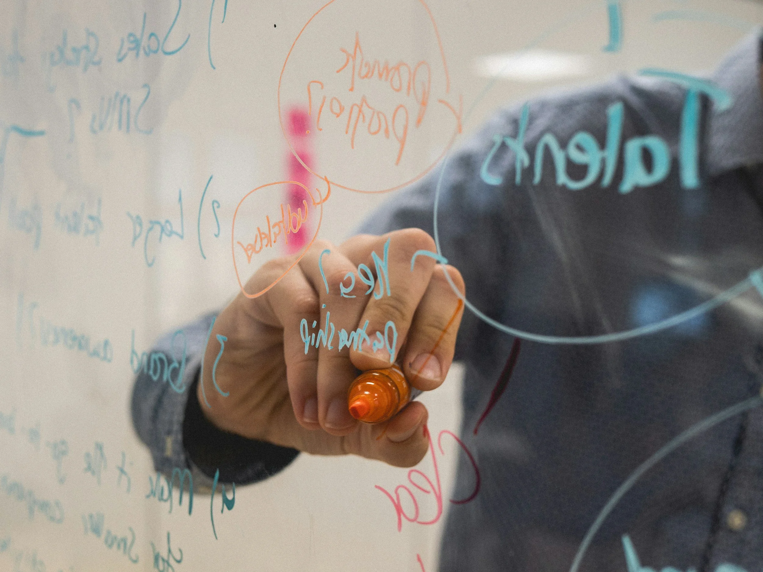 Person writing on a transparent glass board with colorful markers, with words like "learning" and "growth" visible.