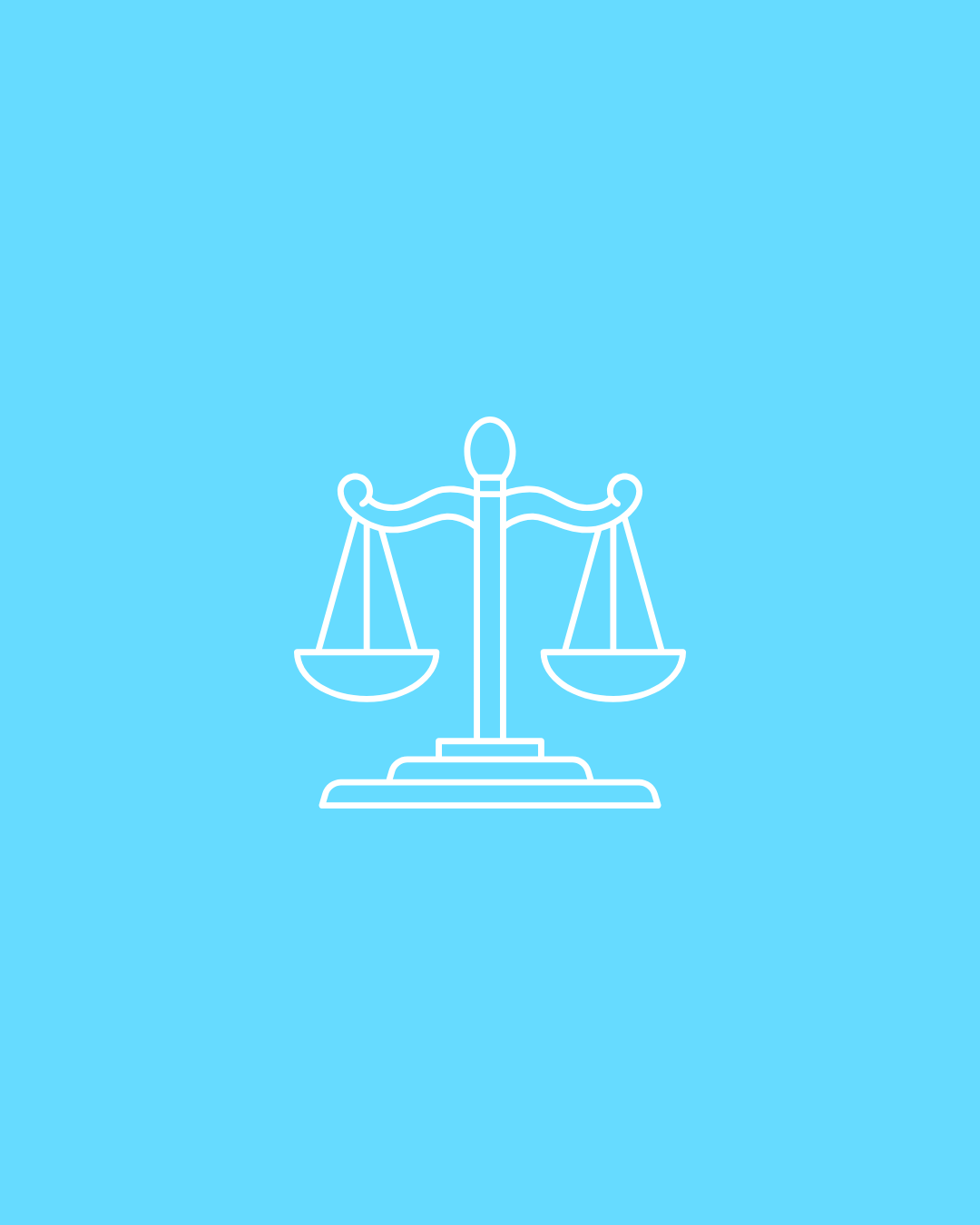Outline drawing of a balance scale on a light blue background.