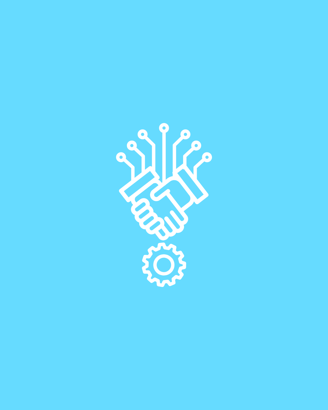 Graphic of a white handshake with circuit lines extending from the hands and a gear beneath, symbolizing technology and partnership on a blue background.