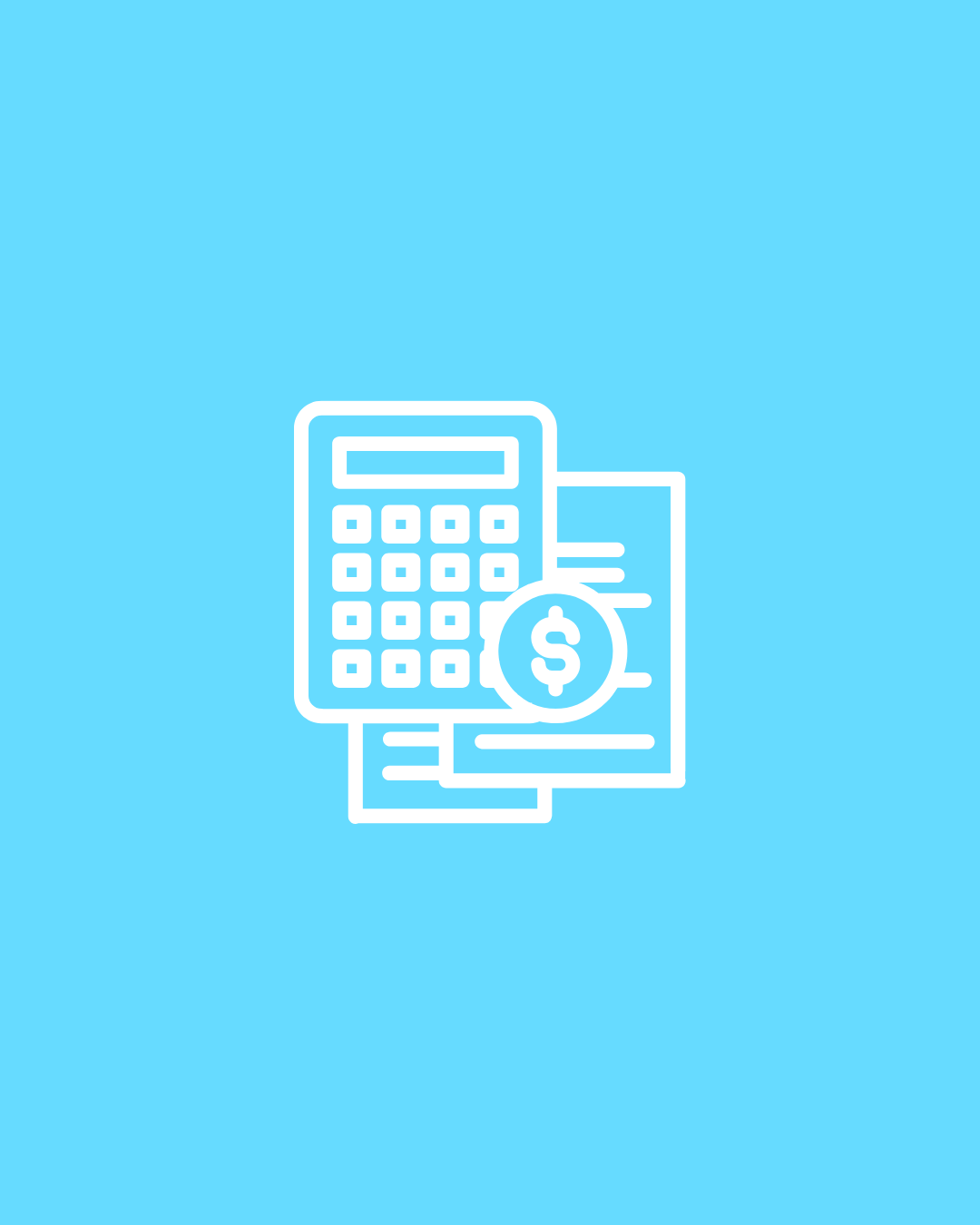 Line drawing of a calculator, a receipt, and a dollar sign, all on a blue background.