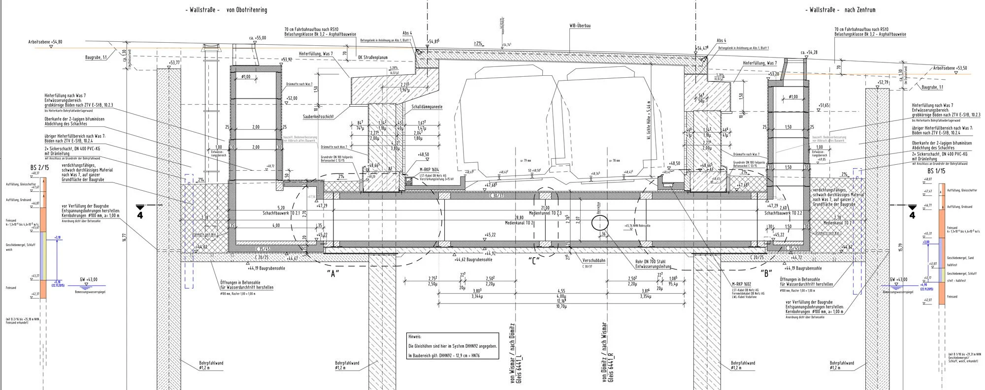 Bauoberleitung und Bauüberwachung Wallstraßenbrücke Schwerin: technische Bauwerksübersichtszeichnung im Längsschnitt der Brückenköpfe mit Darstellung von Tragwerk und Gründung.