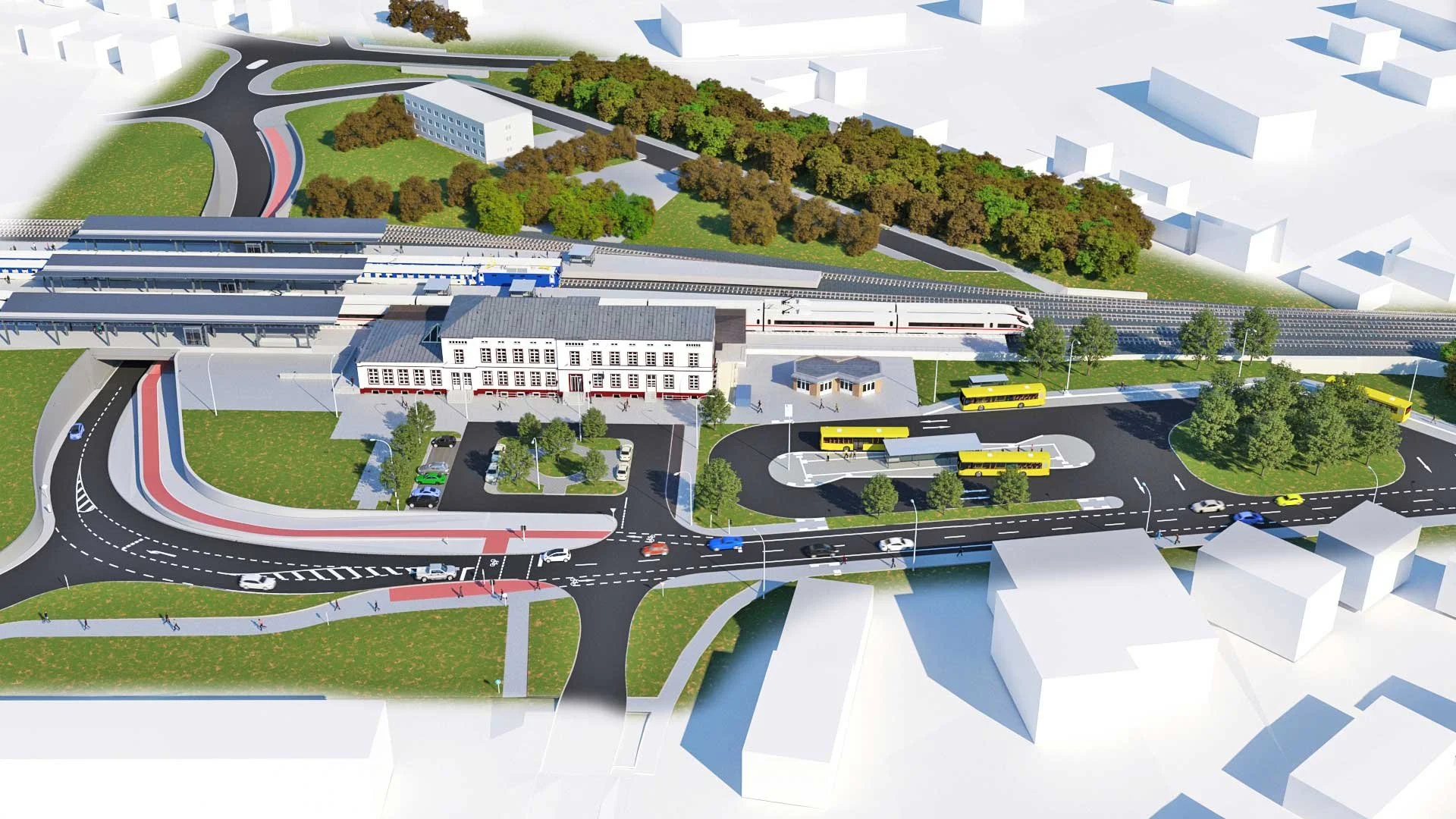 3D-Visualisierung einer Verkehrsanlage in Ludwigslust mit Bahnhof, Busbahnhof und Straßenführung – Planung durch Ingenieurbüro für Infrastruktur aus Schwerin
