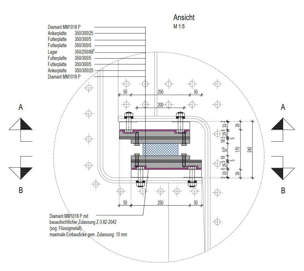 Detailzeichnung eines neuen Brückenlagers mit Maßangaben – Konstruktion im Rahmen der Brückensanierung durch Ingenieurbüro Schwerin.