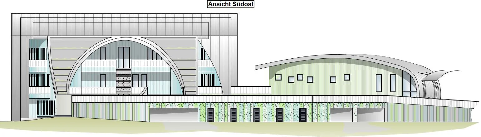 Detailansicht der Gebäudefassade mit Bogenkonstruktion eines Schulcampus – architektonische Planung