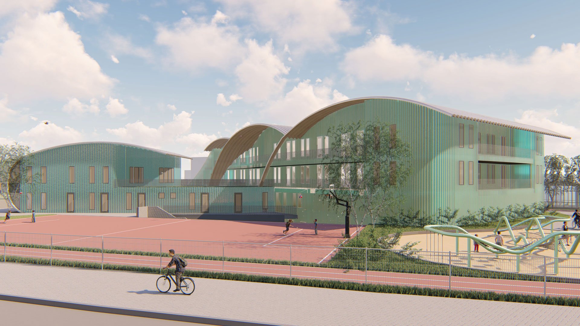 3D-Visualisierung eines modernen Schulcampus in Rostock mit Sportflächen und geschwungener Dacharchitektur, Tragwerksplanung durch Ingenieurbüro Brückenköpfe Schwerin