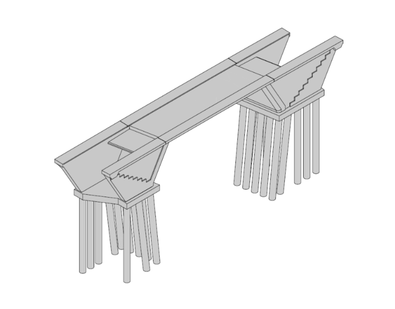 3D-Modell eines Stahlbeton-Rahmenbauwerks mit Pfahlgründung im Brückenbau, geplant durch ein Ingenieurbüro wie Brückenköpfe Schwerin.
