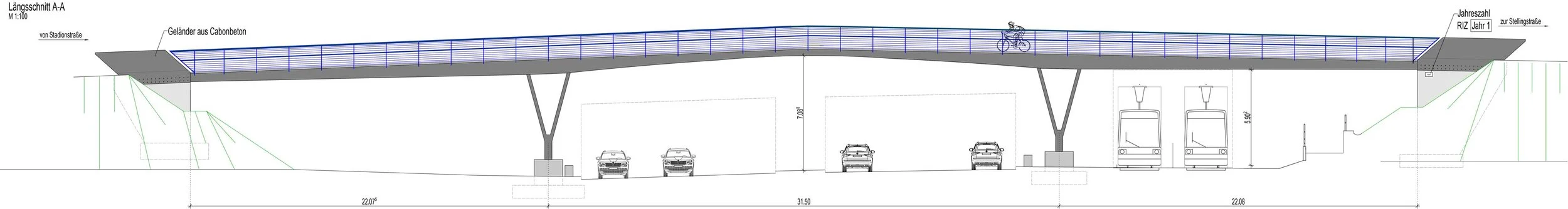 Längsschnitt einer Radwegbrücke an der Stadionstraße in Schwerin mit innovativer Konstruktion aus Carbonbeton, Darstellung von Tragwerk, Stützen und Verkehrsführung
