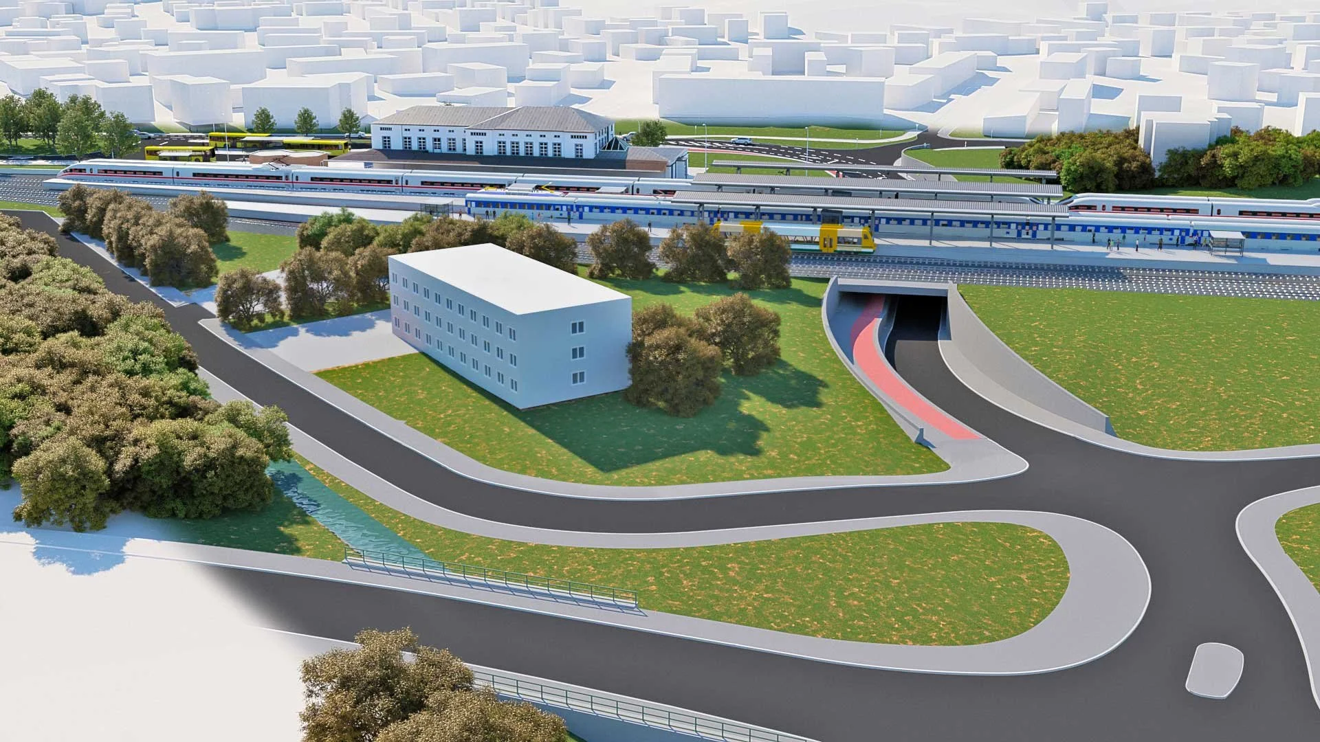 3D-Visualisierung einer modernen Bahnhofsanlage in Ludwigslust mit Unterführung, Straßenplanung und Gleisanlagen – Infrastrukturplanung durch Ingenieurbüro aus Schwerin.