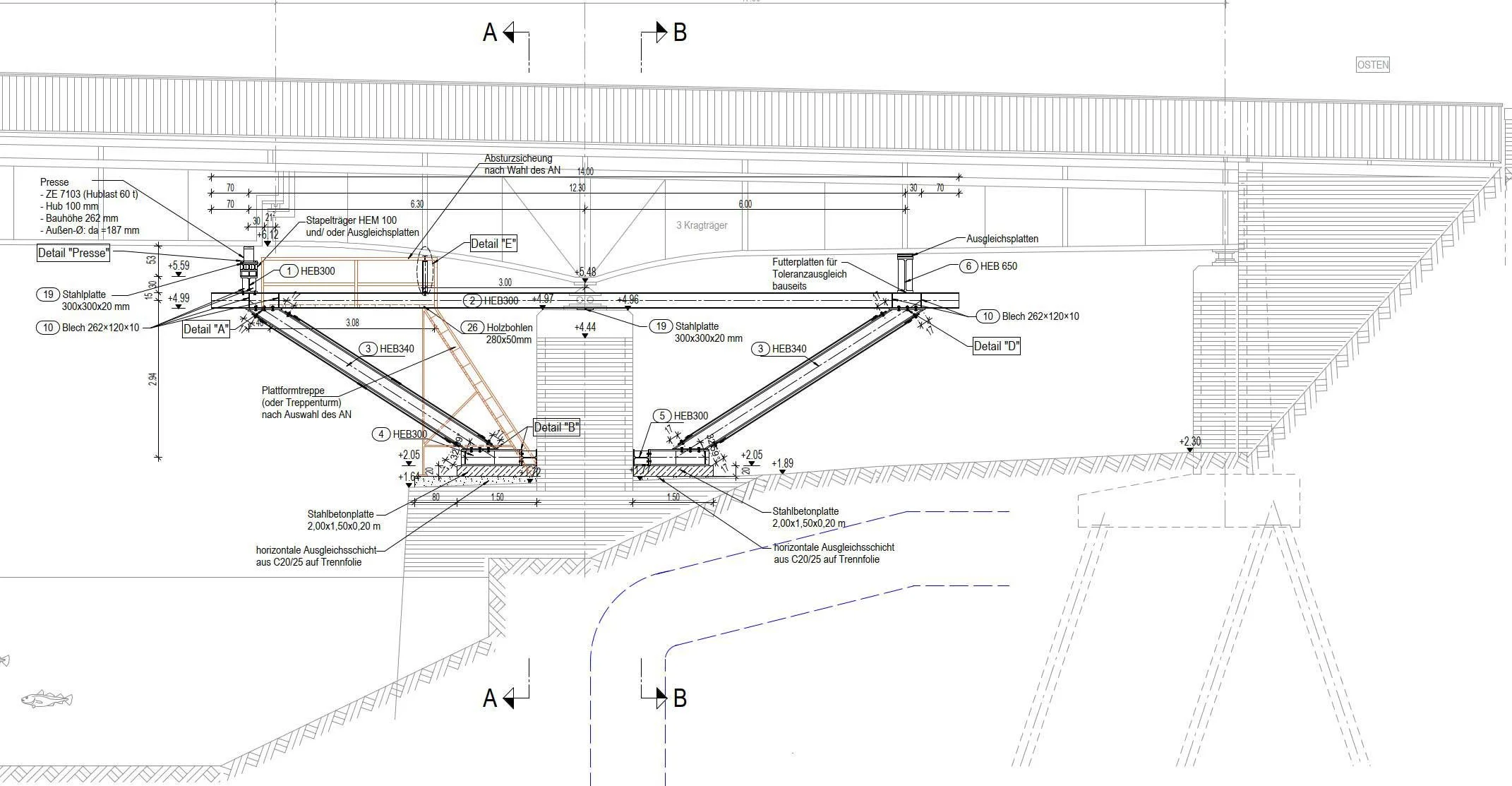 Technischer Längsschnitt einer Hilfsabfangung zur Brückensanierung – statische Planung für Bauzustände im Ingenieurbau durch Ingenieurbüro Schwerin.