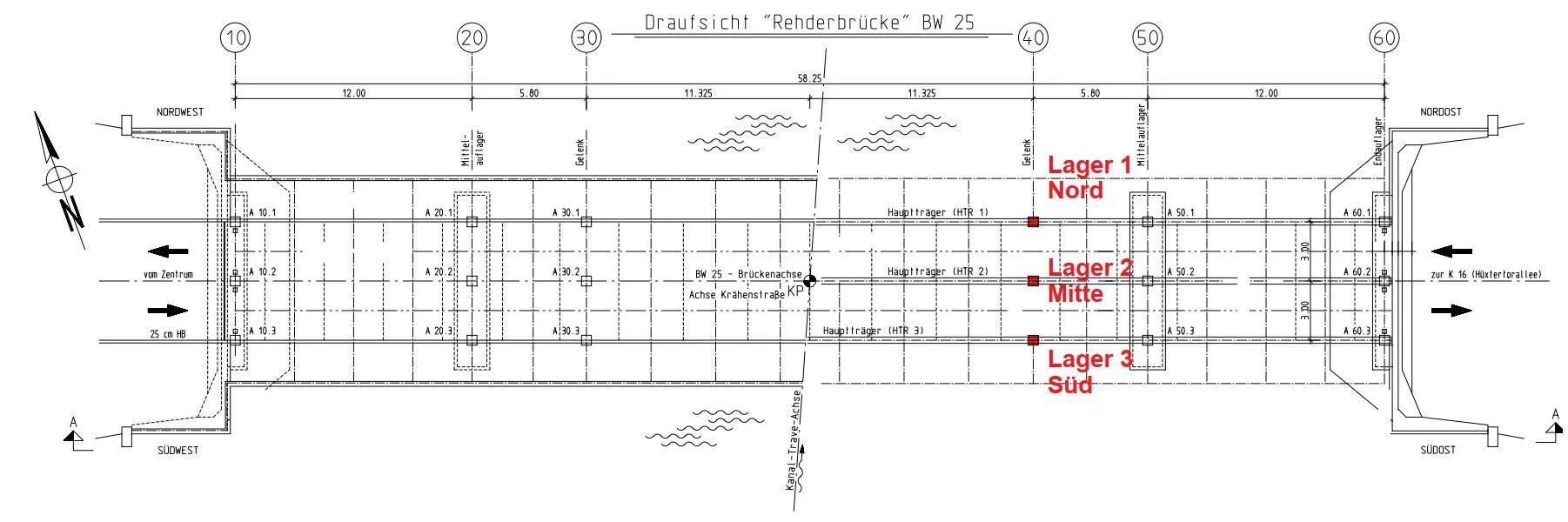 Technische Draufsicht der Rehderbrücke in Lübeck mit eingezeichneten Lagerpositionen – Planungsunterlage eines Ingenieurbüros für Brückenbau aus Schwerin.