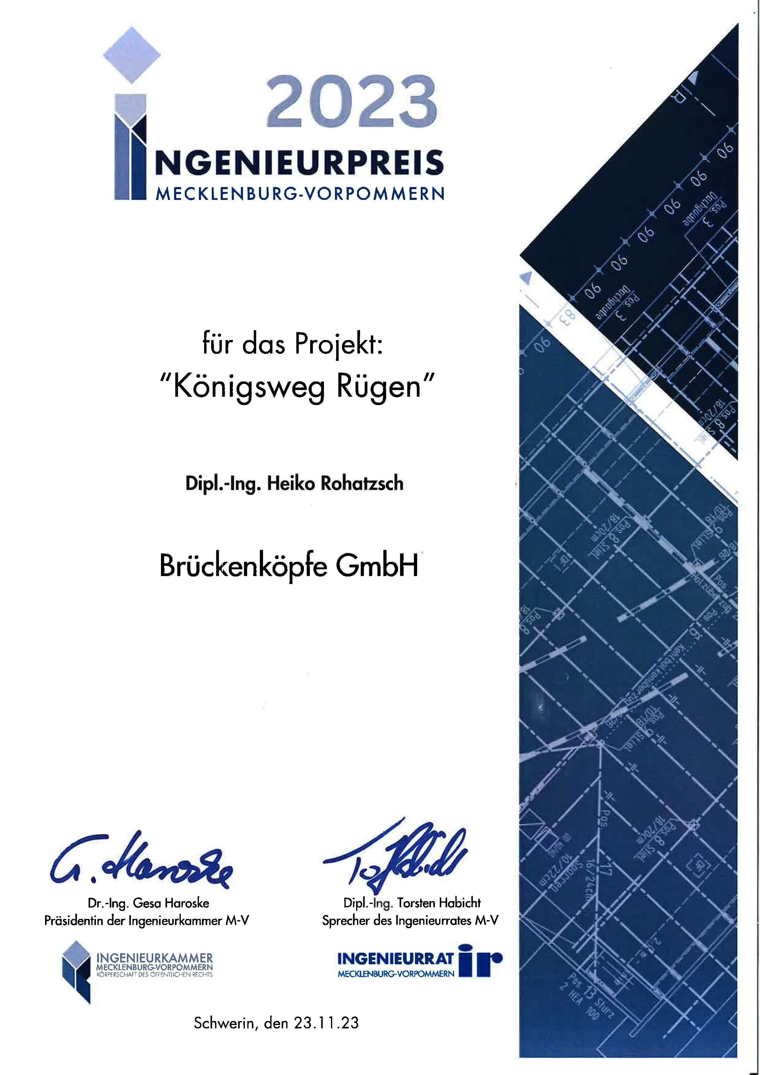 Urkunde Ingenieurpreis Mecklenburg-Vorpommern 2023 für das Projekt Königsweg Rügen – ausgezeichnetes Brückenbauprojekt aus Schwerin der Brückenköpfe GmbH