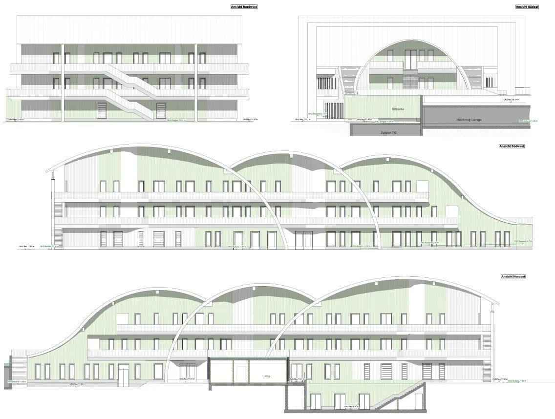 Architekturzeichnungen eines Schulgebäudes mit Fassadenansichten und geschwungenem Dach – Planung und Baukonstruktion