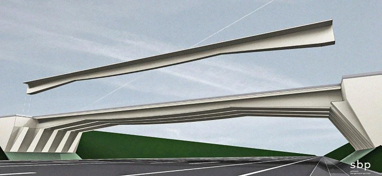 Visualisierung einer modernen Brückenkonstruktion mit Carbonbeton und optimierter Geometrie – innovatives Planungskonzept des Ingenieurbüros Brückenköpfe Schwerin.
