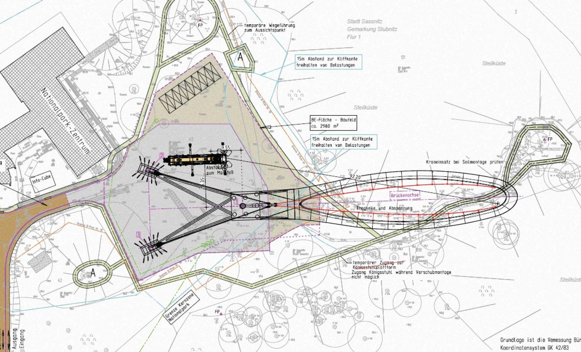 Technischer Lageplan des Skywalk Königsweg Rügen mit Brückenachse und Konstruktion – prämiertes Brückenbauprojekt aus Schwerin beim Ingenieurpreis 2023