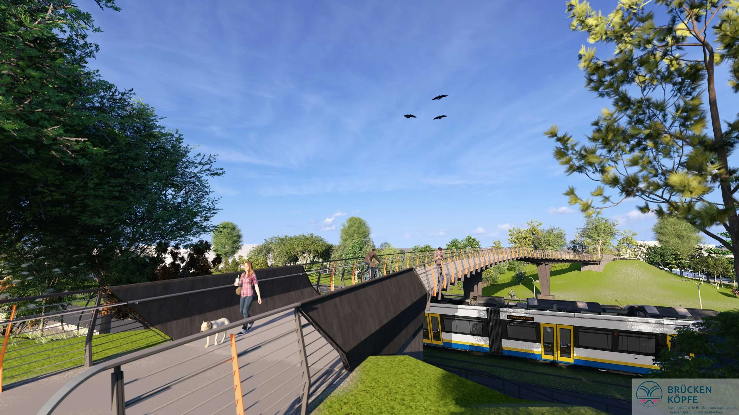 Visualisierung der geplanten Radwegbrücke an der Stadionstraße in Schwerin. Die Carbonbeton-Brücke überquert die Ludwigsluster Chaussee und die Straßenbahntrasse als Teil des Radverkehrskonzepts der Landeshauptstadt Schwerin.