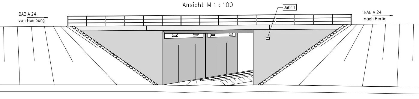 Technische Skizze eines Brückenneubaus an der A24 mit Unterführung einer Bahnstrecke, Planung durch ein Ingenieurbüro wie Brückenköpfe Schwerin.