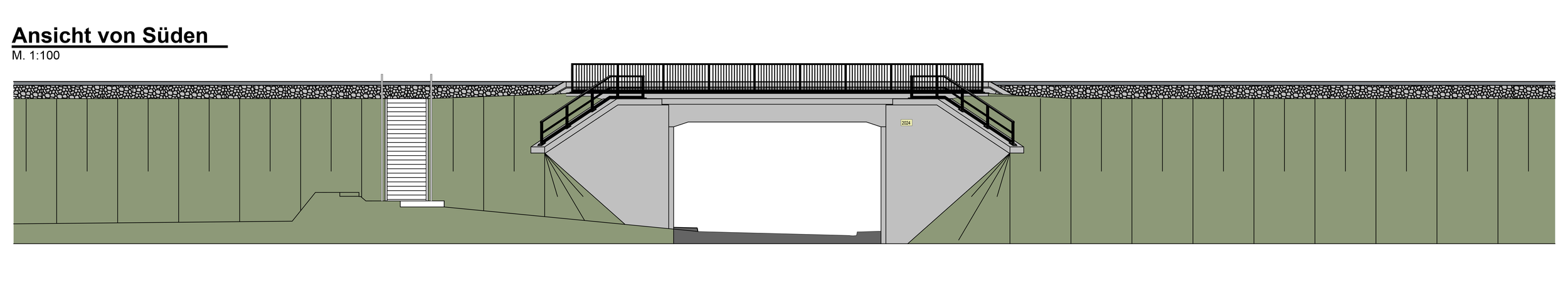 Ansicht von Süden einer Rahmenbrücke in Klein Wokern mit Böschungen und Treppenanlage, geplant im Brückenbau durch ein Ingenieurbüro wie Brückenköpfe Schwerin.