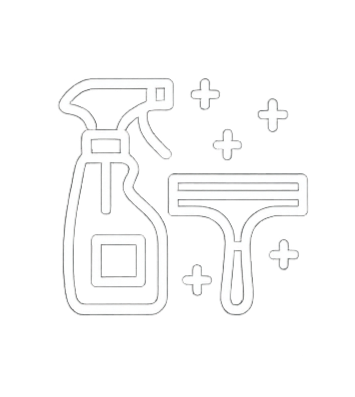 A spray bottle, a funnel, and sparkles or stars indicating cleaning or disinfecting.