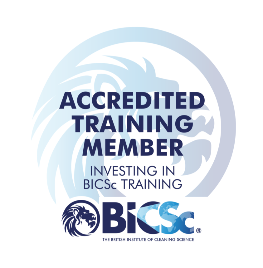 A badge with the words 'Accredited Training Member' and 'Investing in Business Training' surrounded by blue and gray swirling lines and the BSI logo at the bottom.