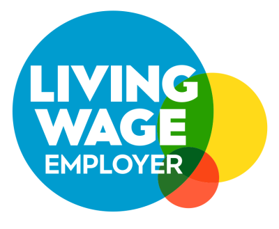 Logo with text 'Living Wage Employer' surrounded by colorful overlapping circles in blue, yellow, red, and green.