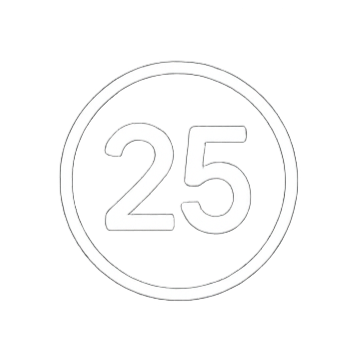 A black and white circular sign displaying the number 25.