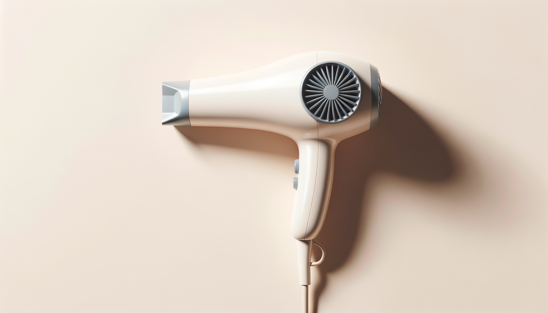 White hair dryer mounted on a beige wall with a shadow cast to the right.