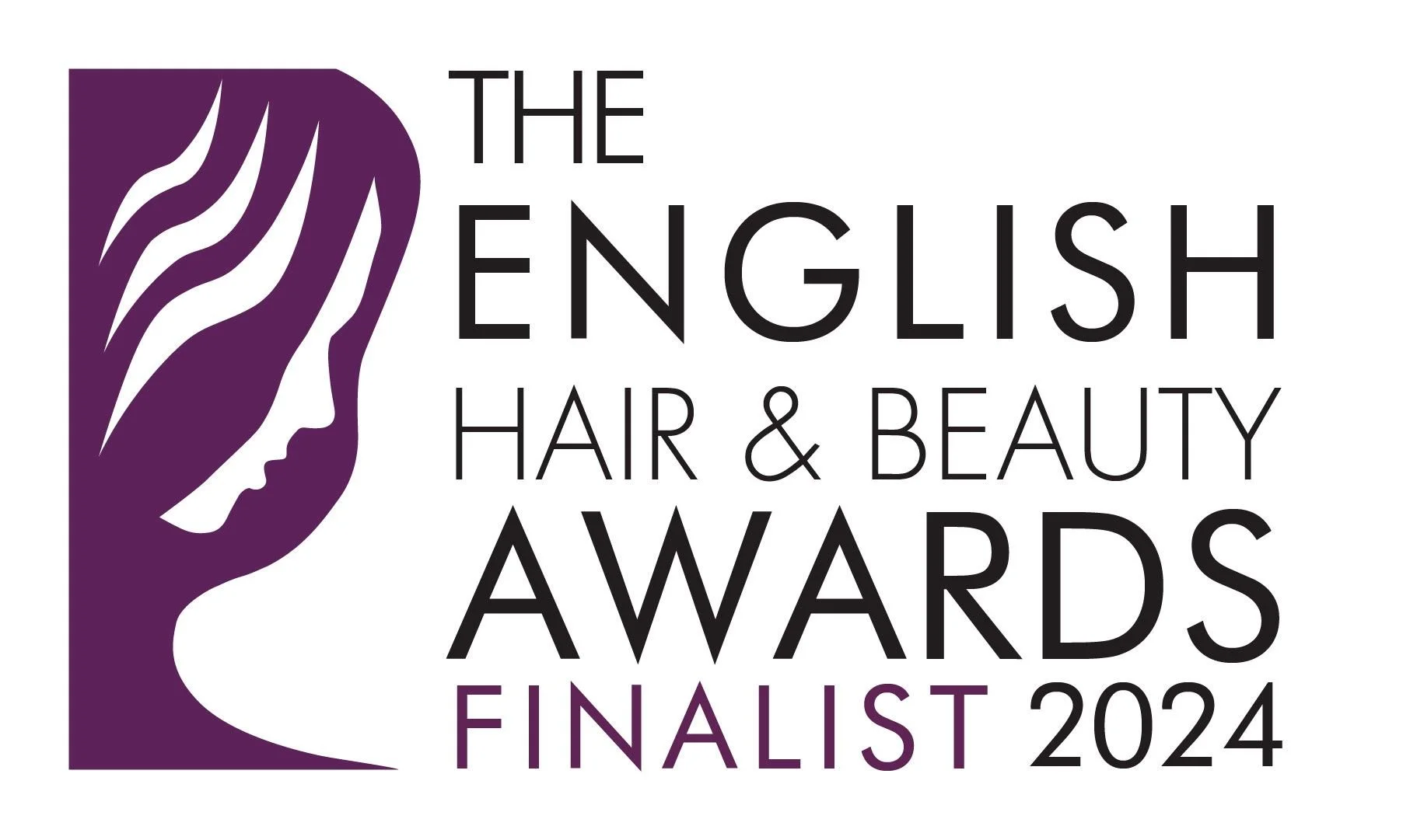 Logo for The English Hair & Beauty Awards 2024 finalist, featuring a stylized profile of a woman's face with flowing hair in purple and black text.