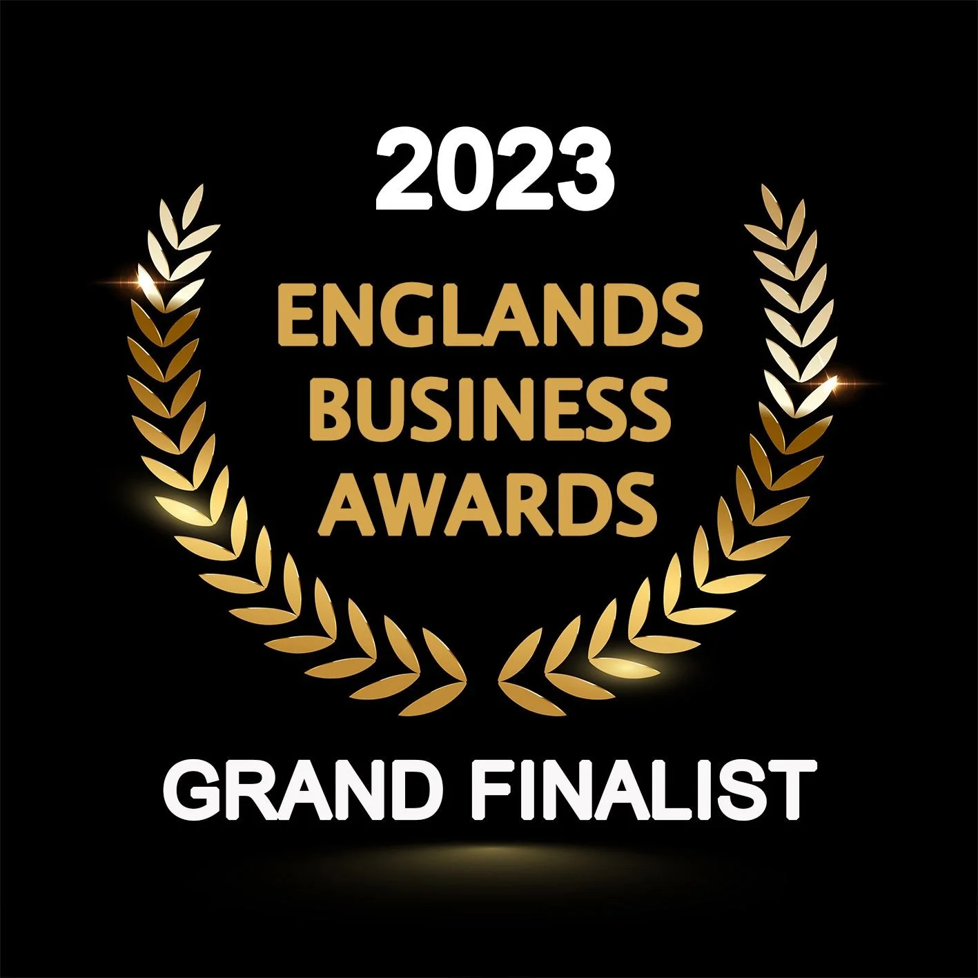Gold laurel wreath with text indicating the 2023 England's Business Awards grand finalist.
