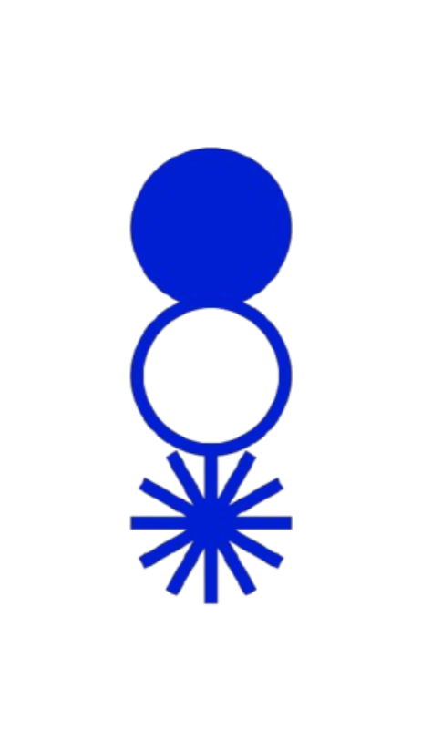 Une illustration abstraite représentant un trophée ou une structure stylisée avec deux cercles, un bleu en haut et un vert au centre, entourés de formes en étoile ou rayon, sur un fond noir.