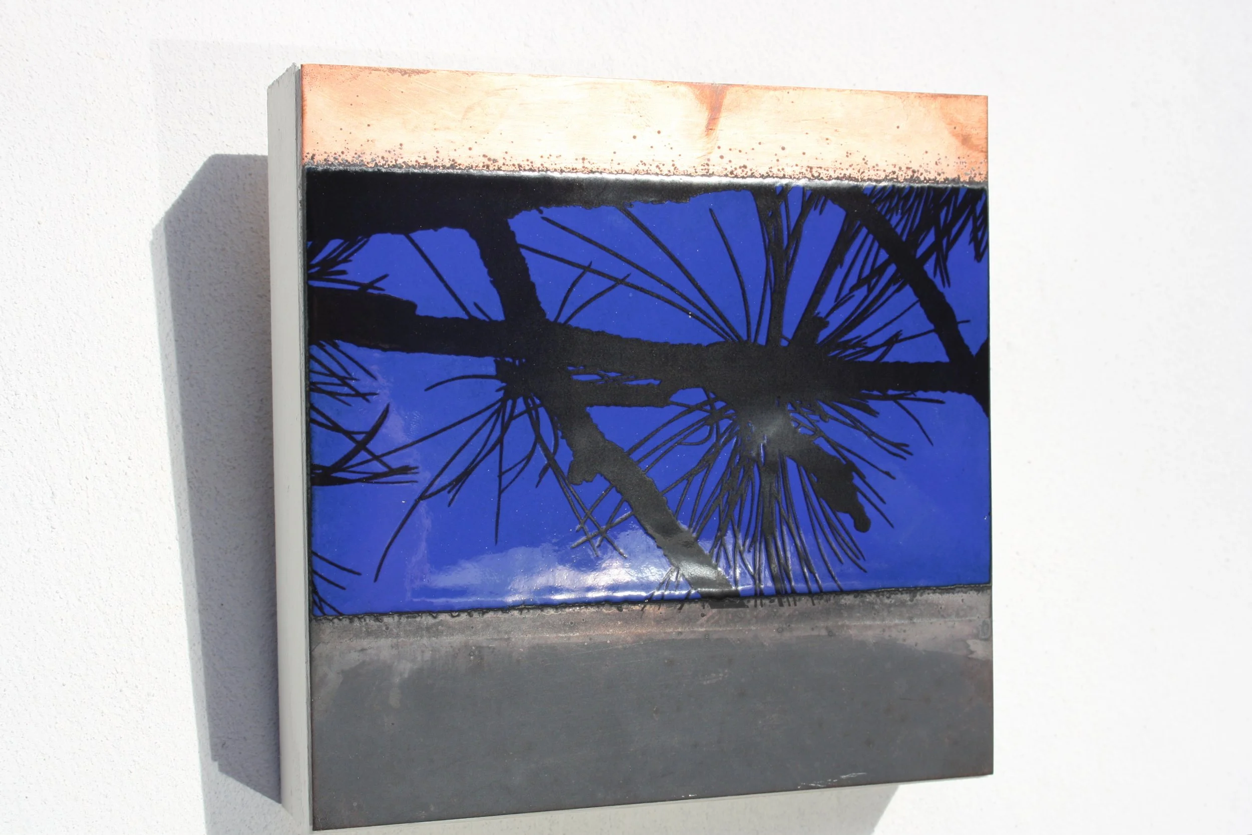 Horizon under the pines series. Kiln fired vitreous enamel, copper and fired ceramic decal. 15x15 cm