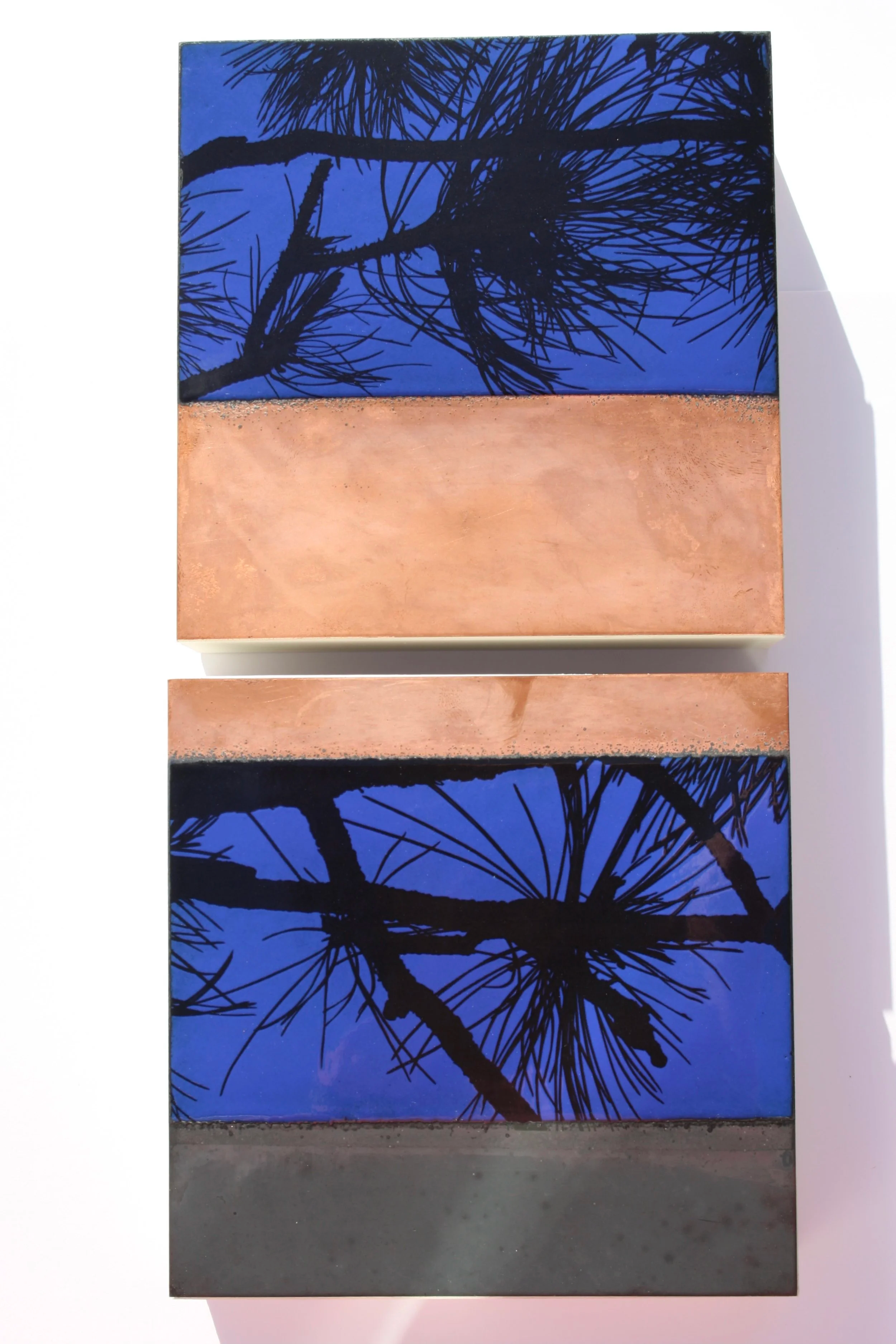 Kiln fired vitreous enamel, copper and fired ceramic decal.