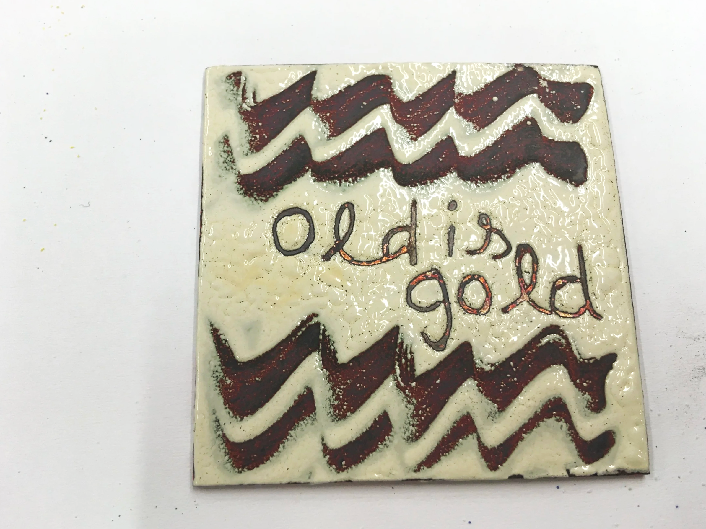 Participants sample. Sgraffito: drawing into wet enamel. Kiln fired onto copper