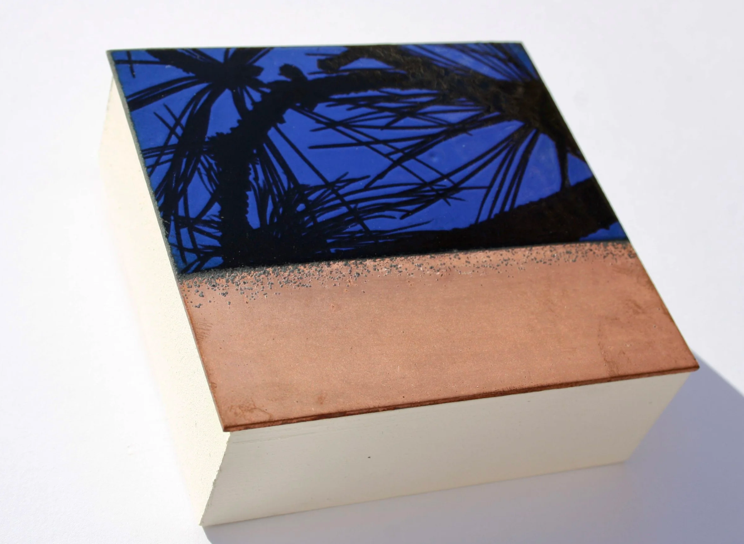 Kiln fired vitreous enamel, copper and fired ceramic decal.