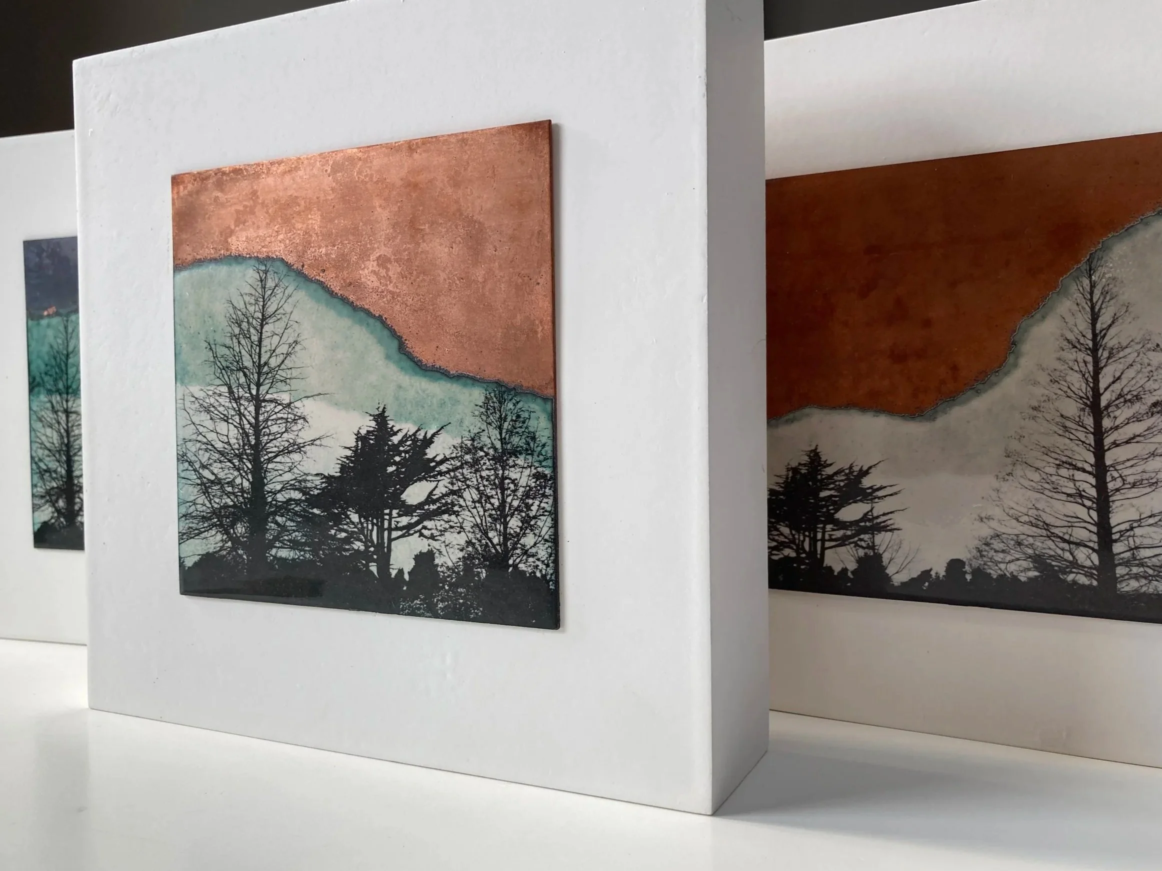 'Mountain's breath'. Kiln fired vitreous enamel, copper and fired ceramic decal.