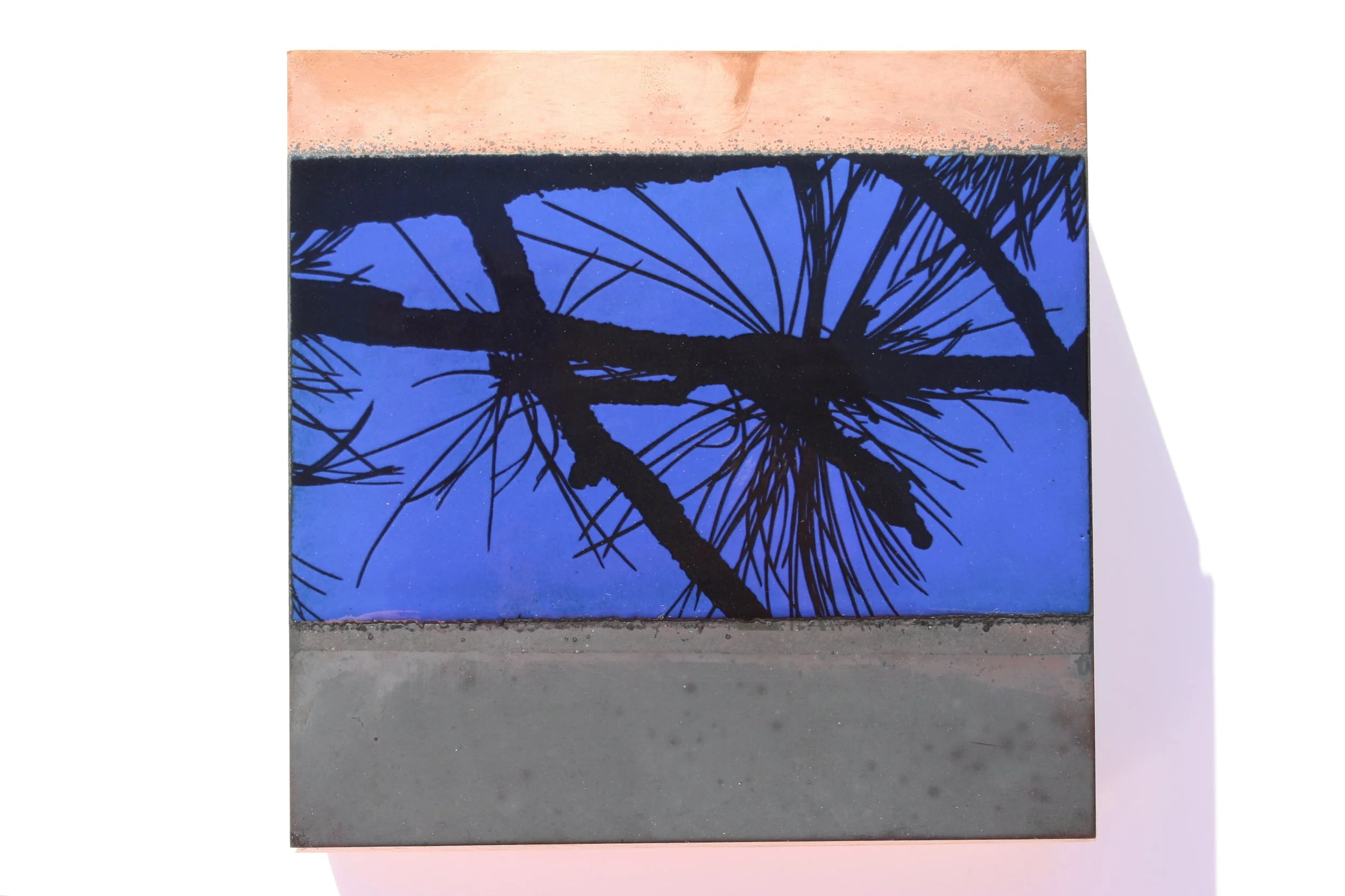 Kiln fired vitreous enamel, copper and fired ceramic decal.