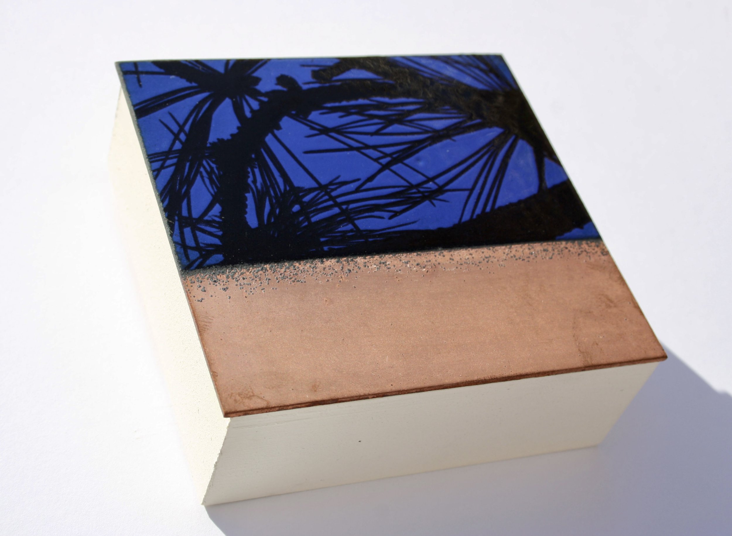 Kiln fired vitreous enamel, copper and fired ceramic decal.