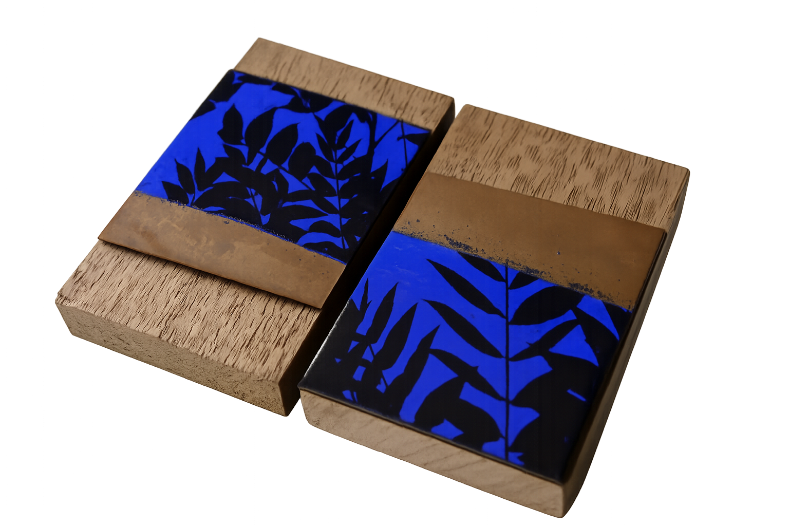 Walnut panel & Kiln fired vitreous enamel, copper and fired ceramic decal