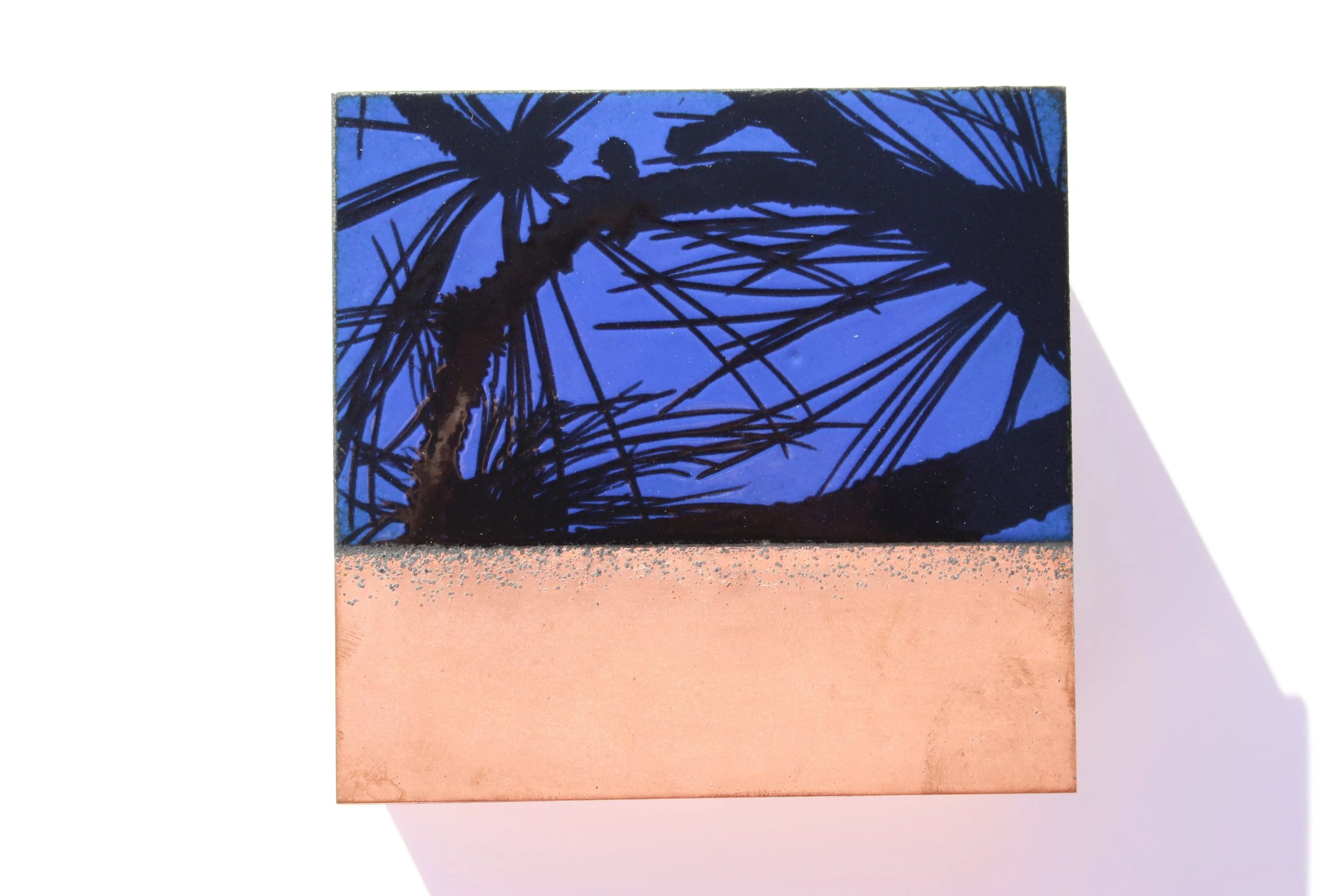 Kiln fired vitreous enamel, copper and fired ceramic decal.