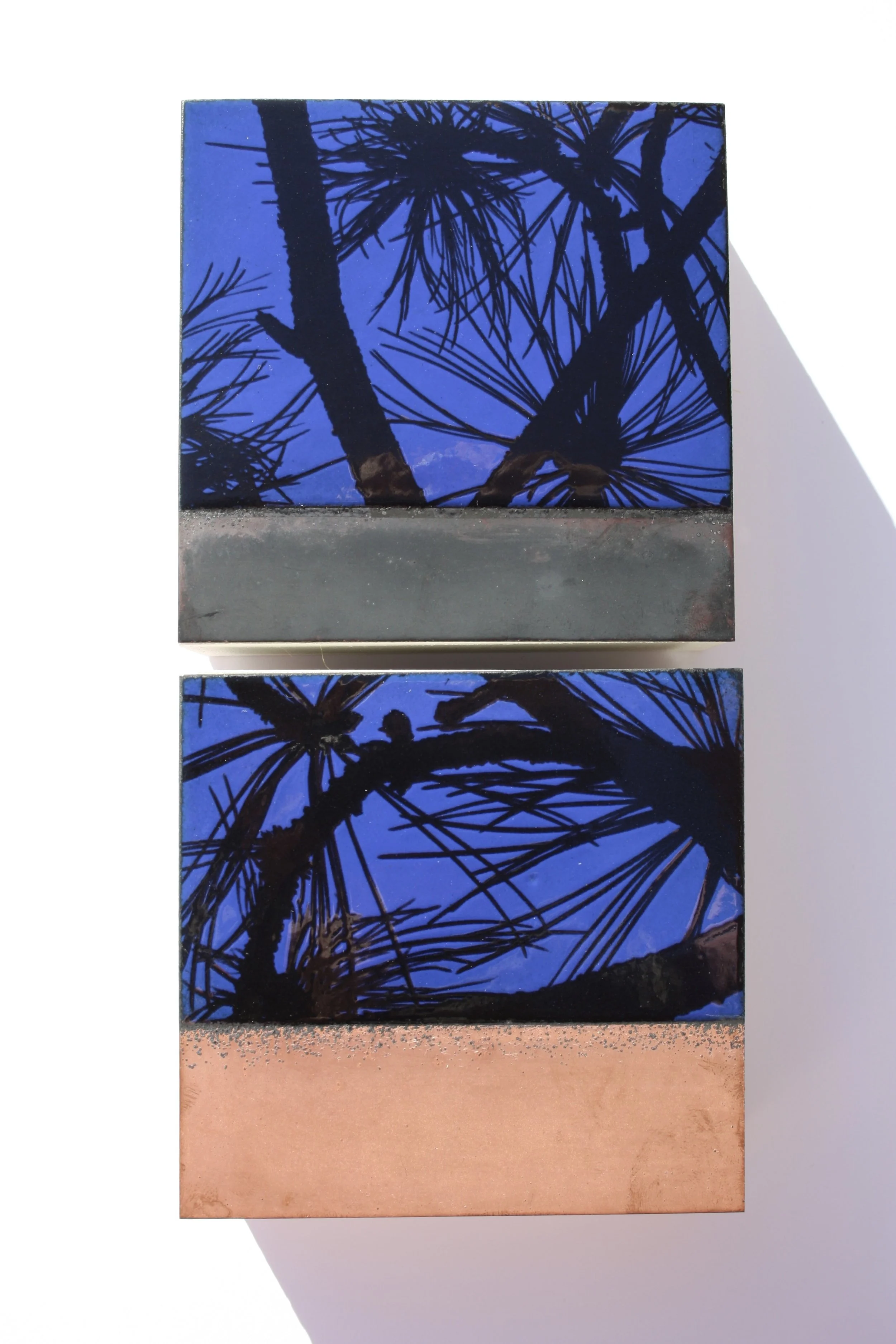 Kiln fired vitreous enamel, copper and fired ceramic decal.