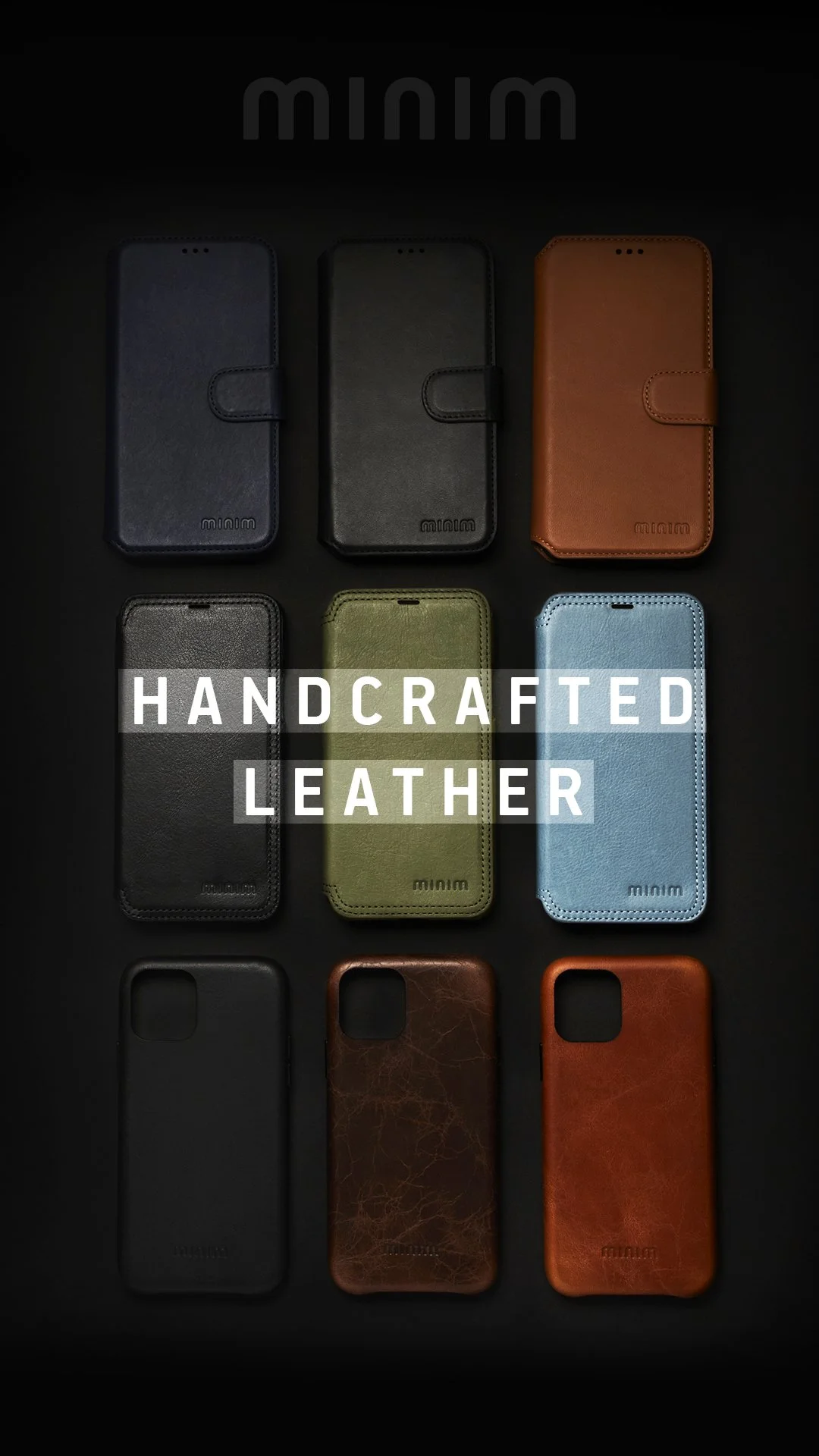 Leren telefoonhoesjes van Minim in verschillende kleuren, met de tekst "Handcrafted Leather" op de voorgrond.