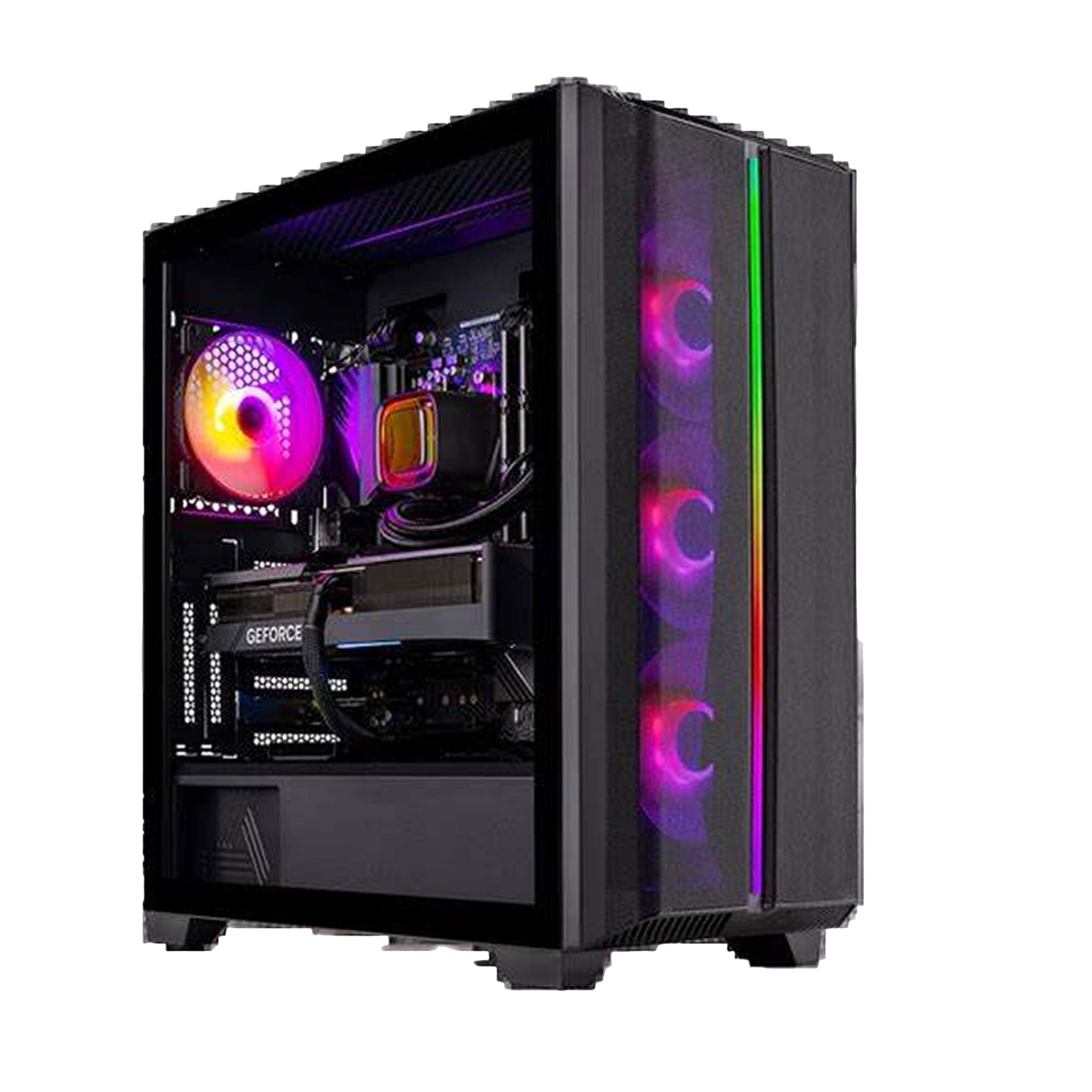 Een gaming-pc met een glazen kast, interne onderdelen en gekleurde LED-verlichting.