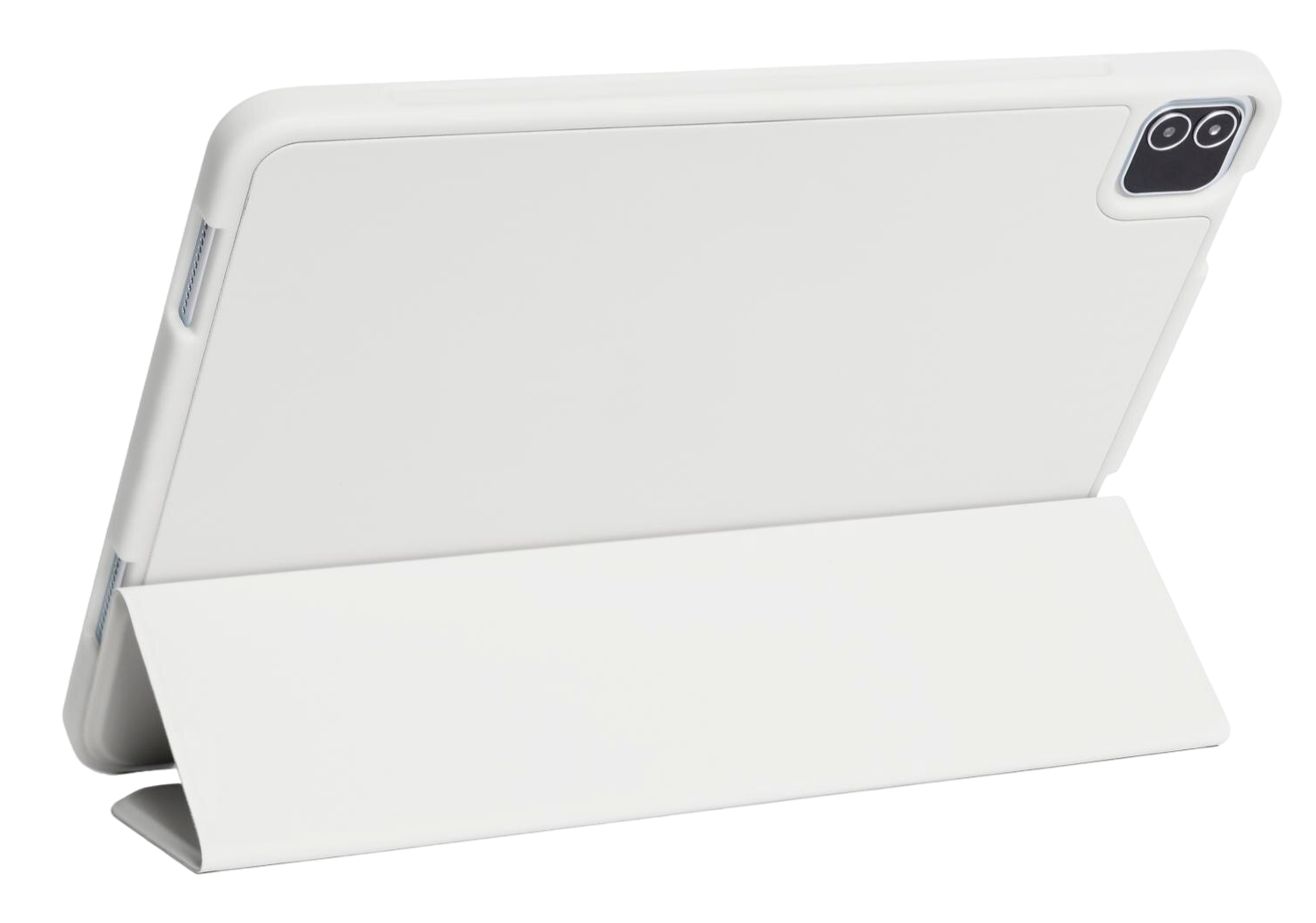 Een witte tablet met een hoesje en standaard, weergegeven tegen een witte achtergrond.