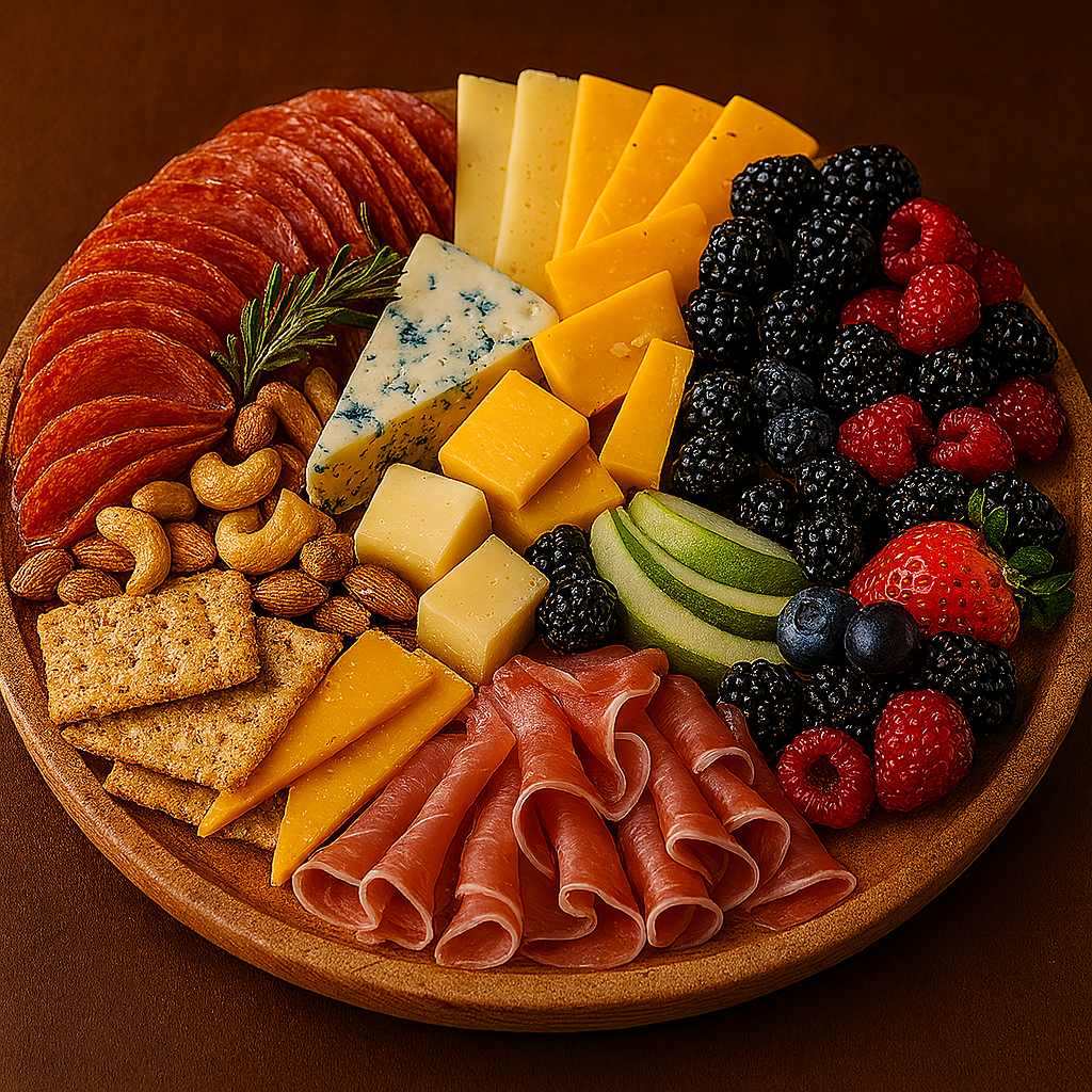 A round wooden cheese and charcuterie platter with slices of salami, cheddar, blue cheese, and other cheeses, along with crackers, nuts, fresh berries, and sliced green apple.